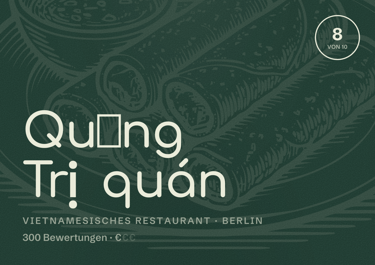 Illustriertes Poster von Quảng Trị quán, Vietnamesisches Restaurant in Berlin: Bewertung 8,0 von 10 aus 300 Bewertungen, Preisniveau €