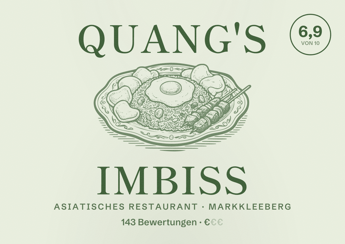 Illustriertes Poster von Quang's Imbiss, Asiatisches Restaurant in Markkleeberg: Bewertung 6,9 von 10 aus 143 Bewertungen, Preisniveau €