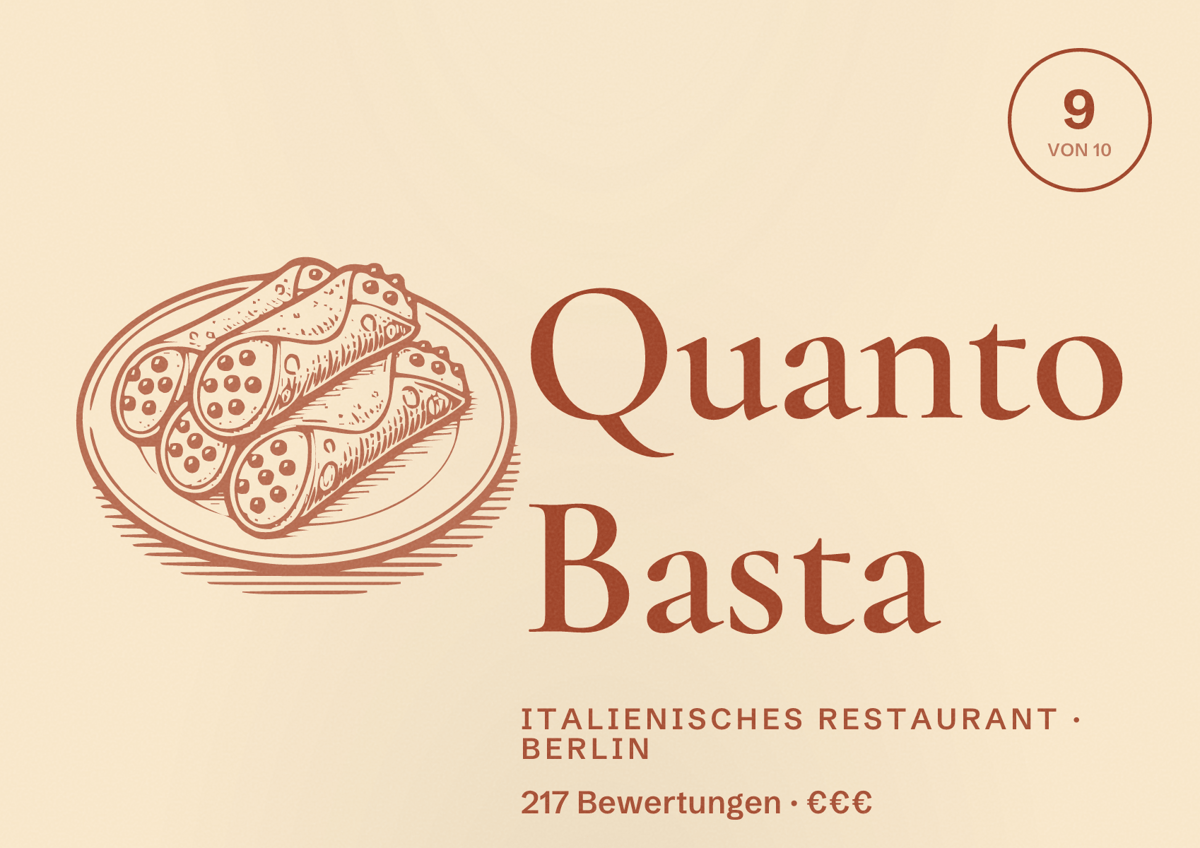 Illustriertes Poster von Quanto Basta, Italienisches Restaurant in Berlin: Bewertung 9 von 10 aus 217 Bewertungen, Preisniveau €€€