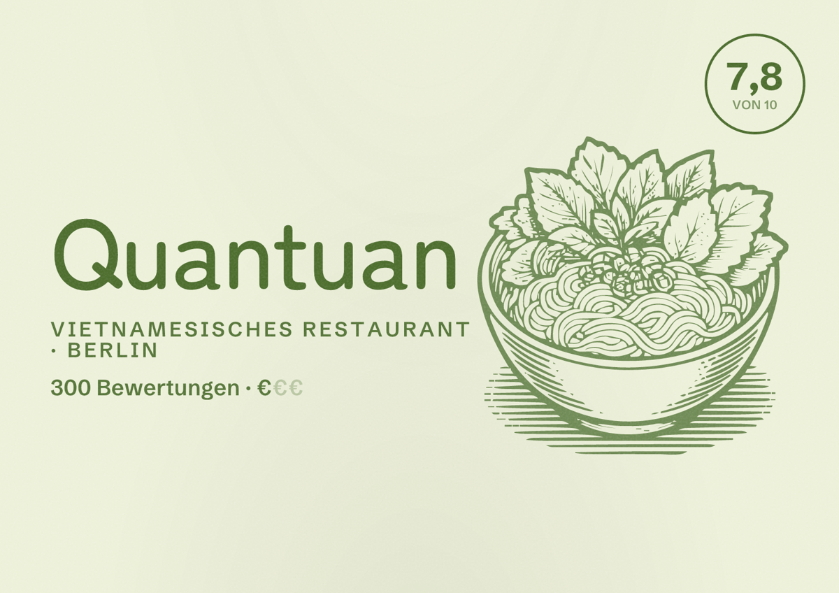 Illustriertes Poster von Quantuan, Vietnamesisches Restaurant in Berlin: Bewertung 7,8 von 10 aus 300 Bewertungen, Preisniveau €