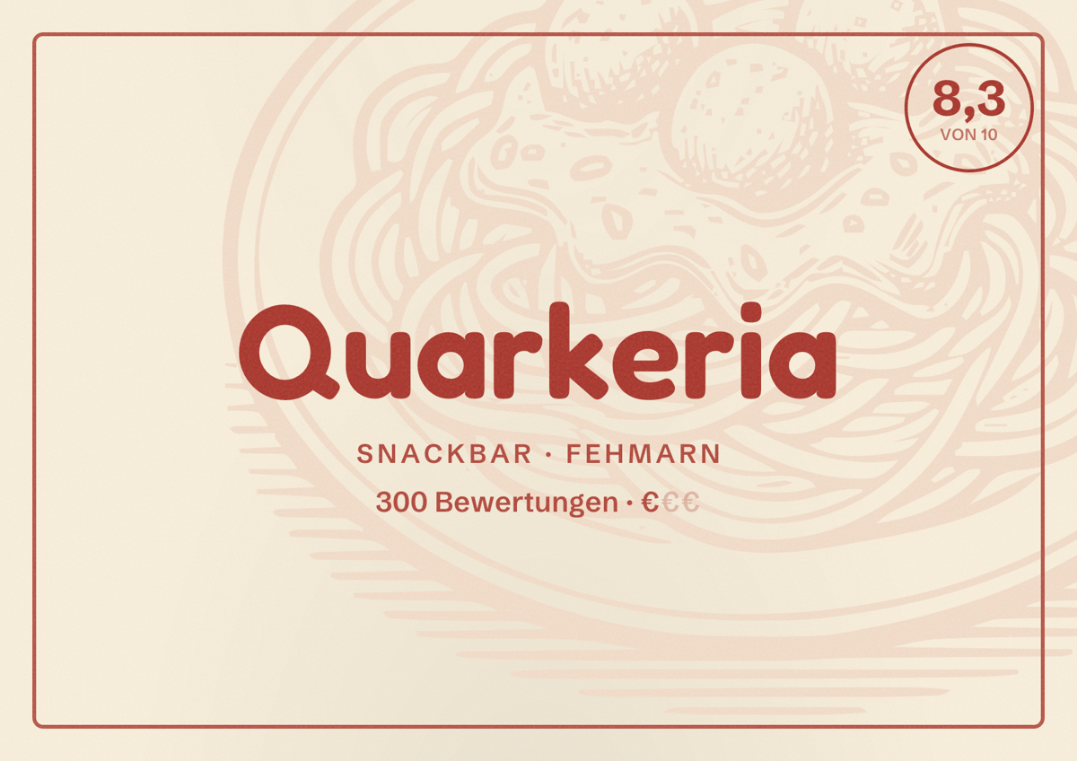 Illustriertes Poster von Quarkeria, Snackbar in Fehmarn: Bewertung 8,3 von 10 aus 300 Bewertungen, Preisniveau €
