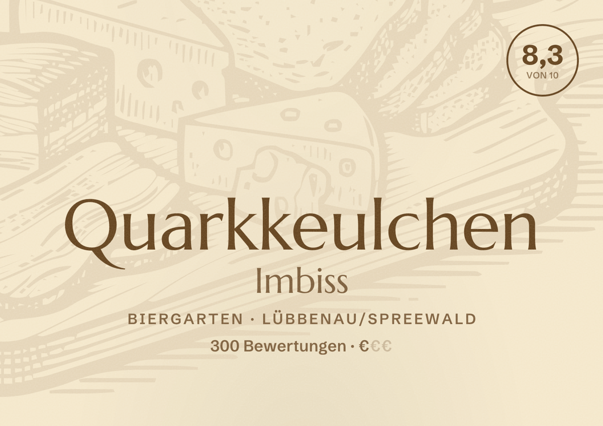 Illustriertes Poster von Quarkkeulchen Imbiss, Biergarten in Lübbenau/Spreewald: Bewertung 8,3 von 10 aus 300 Bewertungen, Preisniveau €