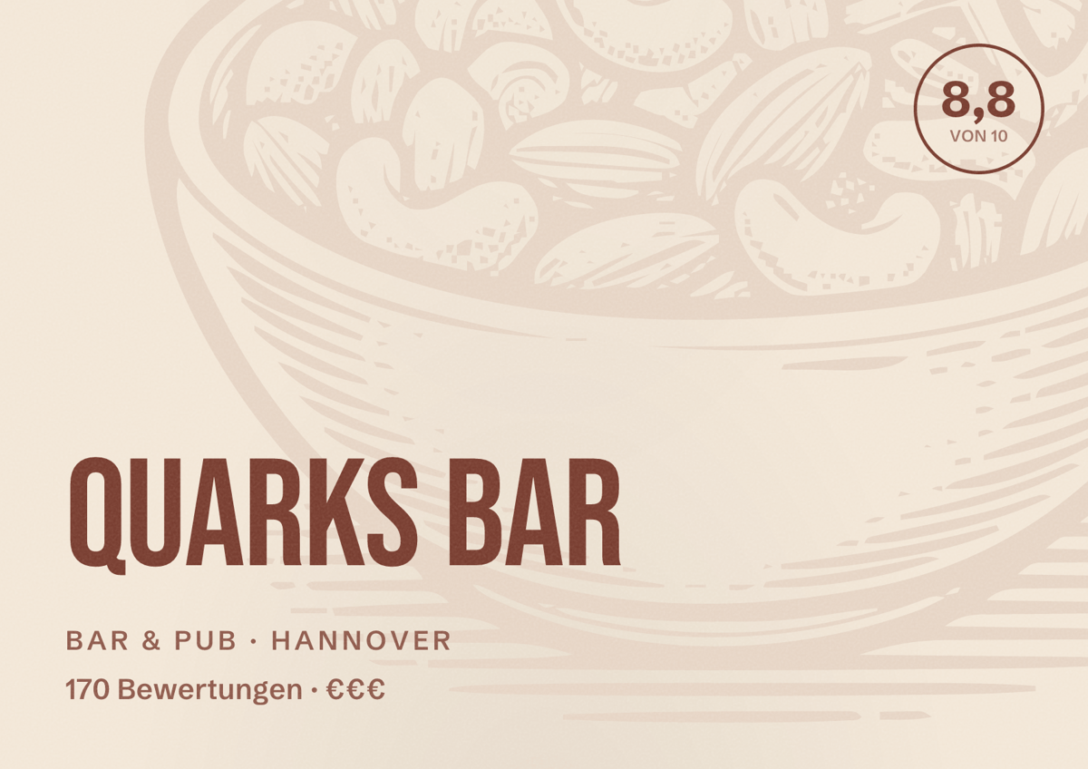 Illustriertes Poster von Quarks Bar, Bar & Pub in Hannover: Bewertung 8,8 von 10 aus 170 Bewertungen, Preisniveau €€€