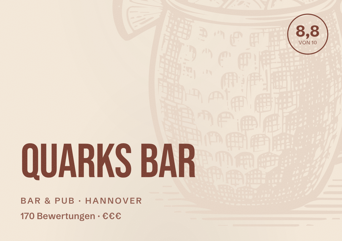 Illustriertes Poster von Quarks Bar, Bar & Pub in Hannover: Bewertung 8,8 von 10 aus 170 Bewertungen, Preisniveau €€€