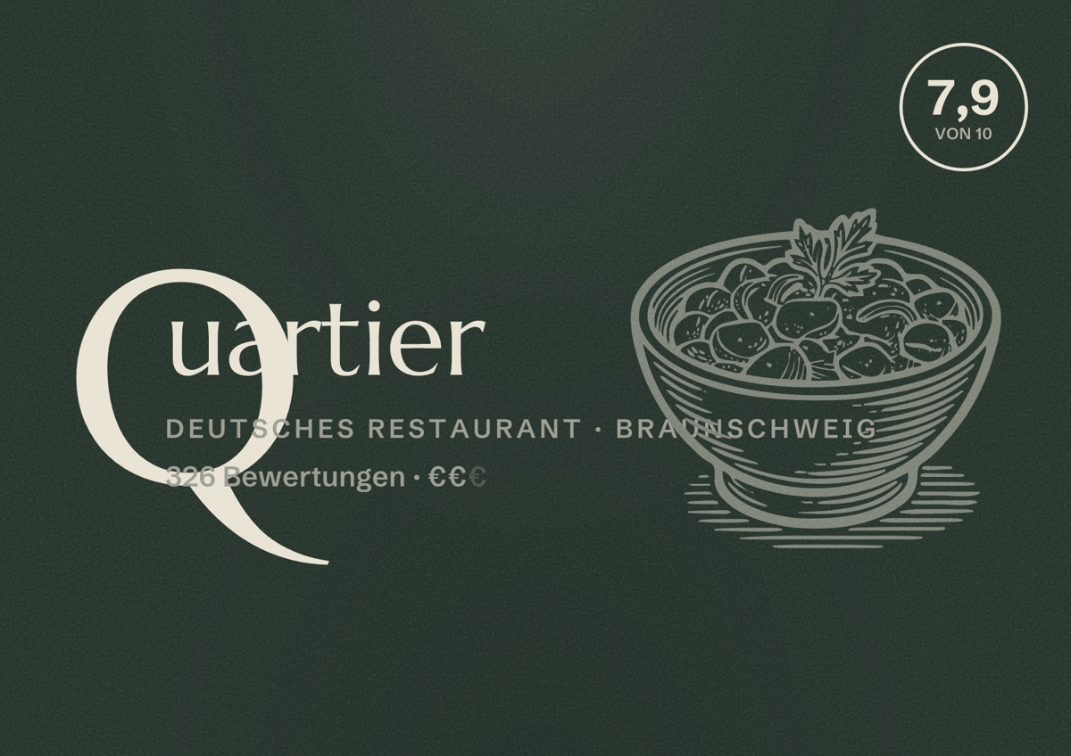 Illustriertes Poster von Quartier, Deutsches Restaurant in Braunschweig: Bewertung 7,9 von 10 aus 326 Bewertungen, Preisniveau €€
