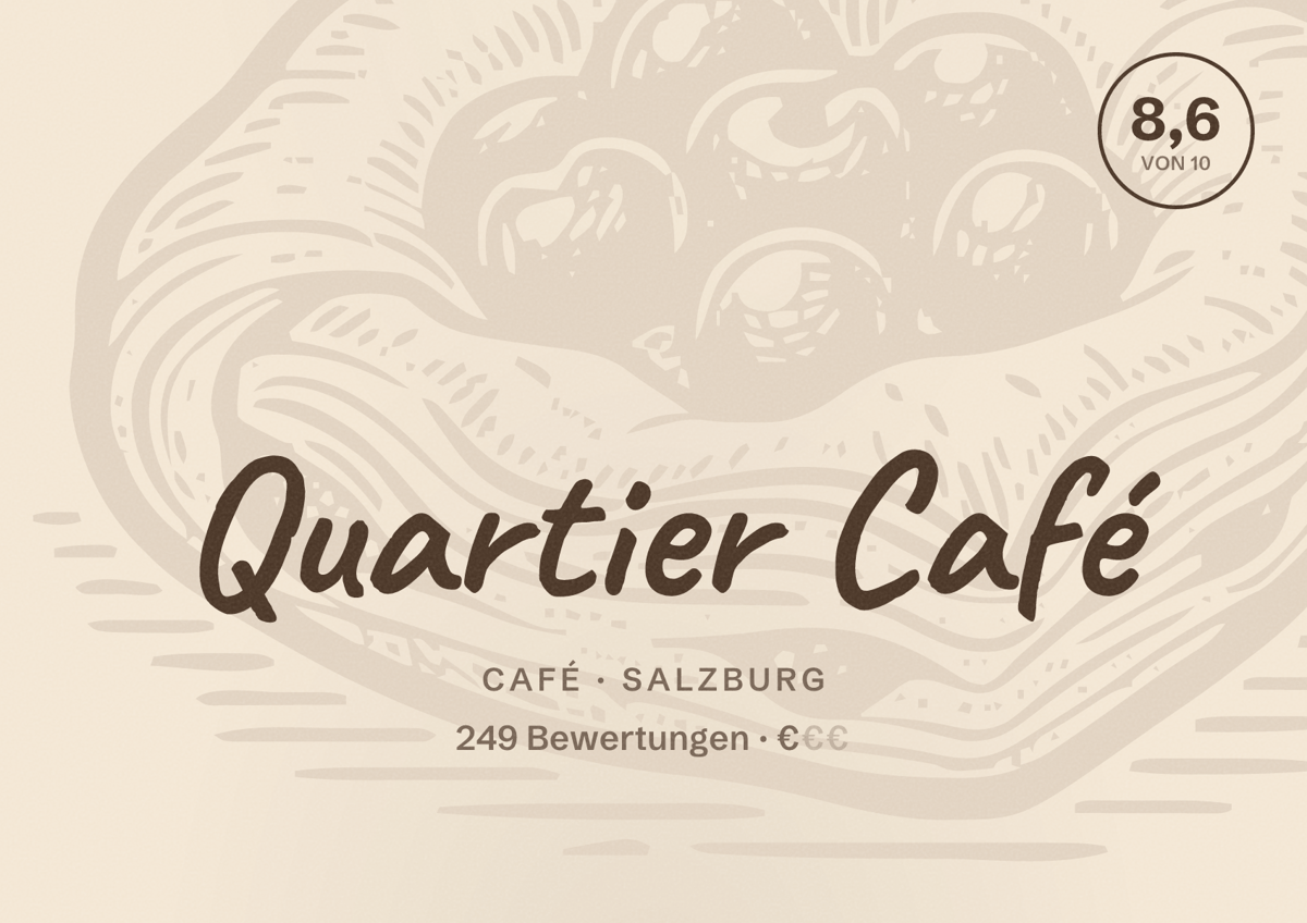 Illustriertes Poster von Quartier Café, Café in Salzburg: Bewertung 8,6 von 10 aus 249 Bewertungen, Preisniveau €