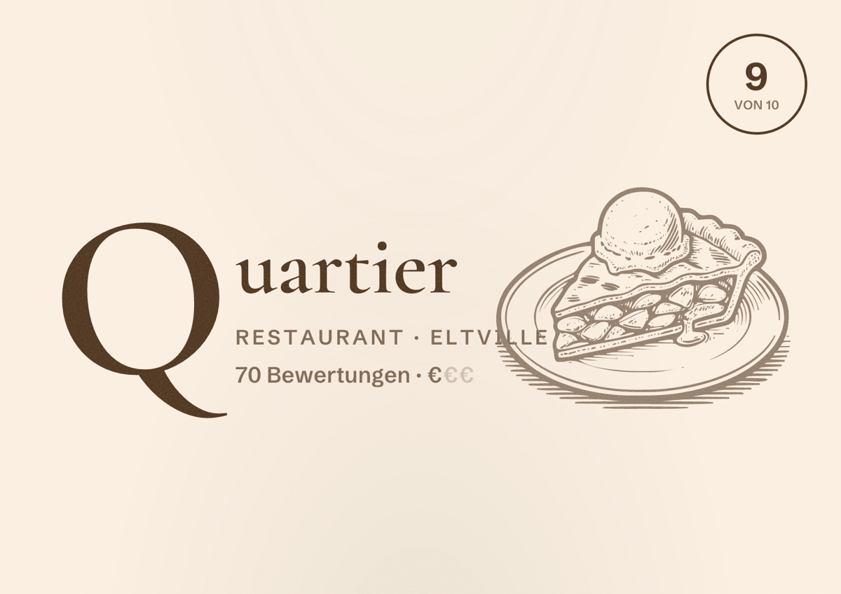 Illustriertes Poster von Quartier, Restaurant in Eltville: Bewertung 9 von 10 aus 70 Bewertungen, Preisniveau €