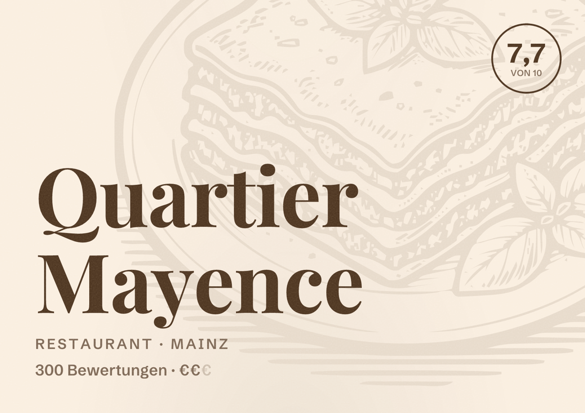Illustriertes Poster von Quartier Mayence, Restaurant in Mainz: Bewertung 7,7 von 10 aus 300 Bewertungen, Preisniveau €€