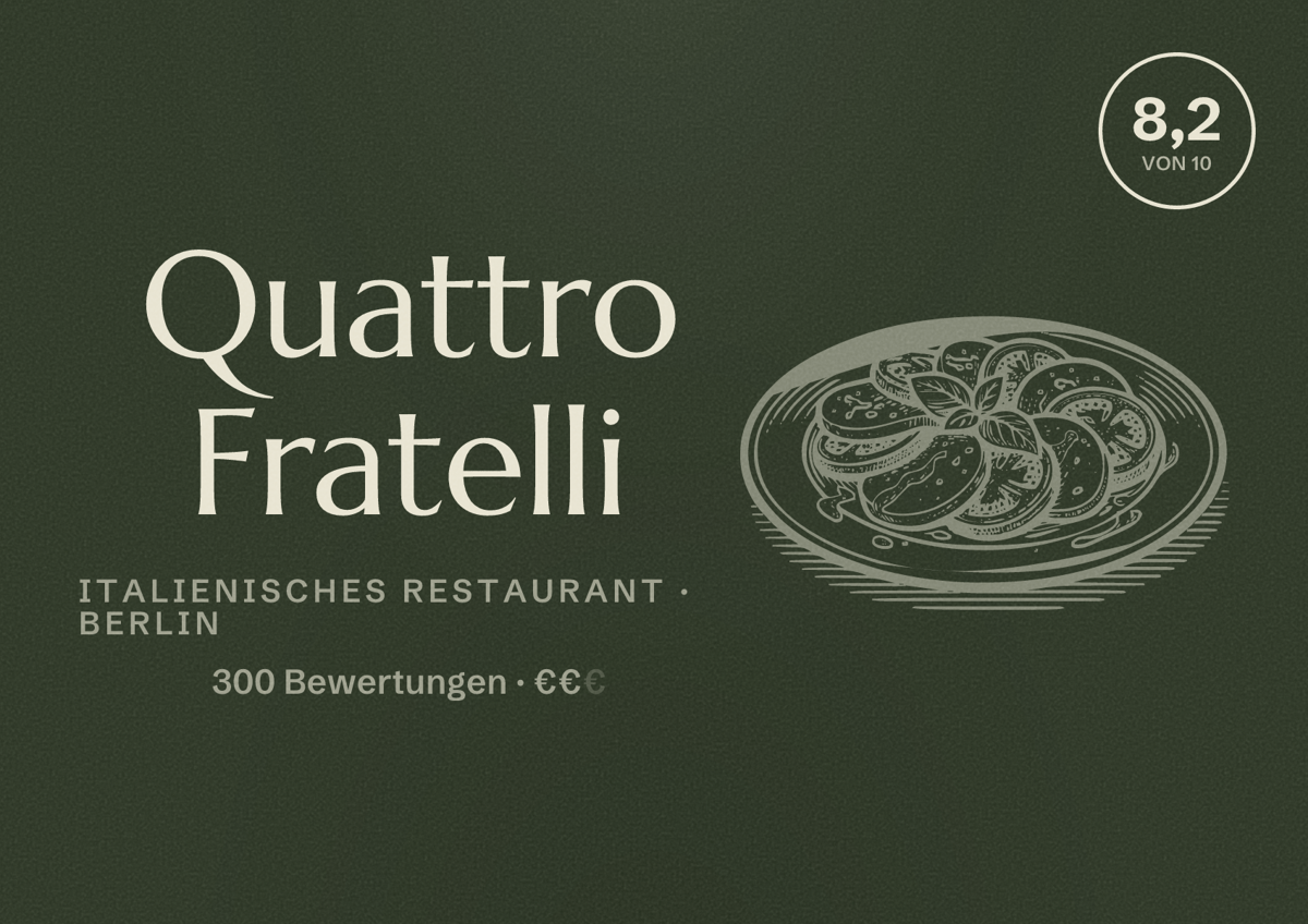 Illustriertes Poster von Quattro Fratelli, Italienisches Restaurant in Berlin: Bewertung 8,2 von 10 aus 300 Bewertungen, Preisniveau €€