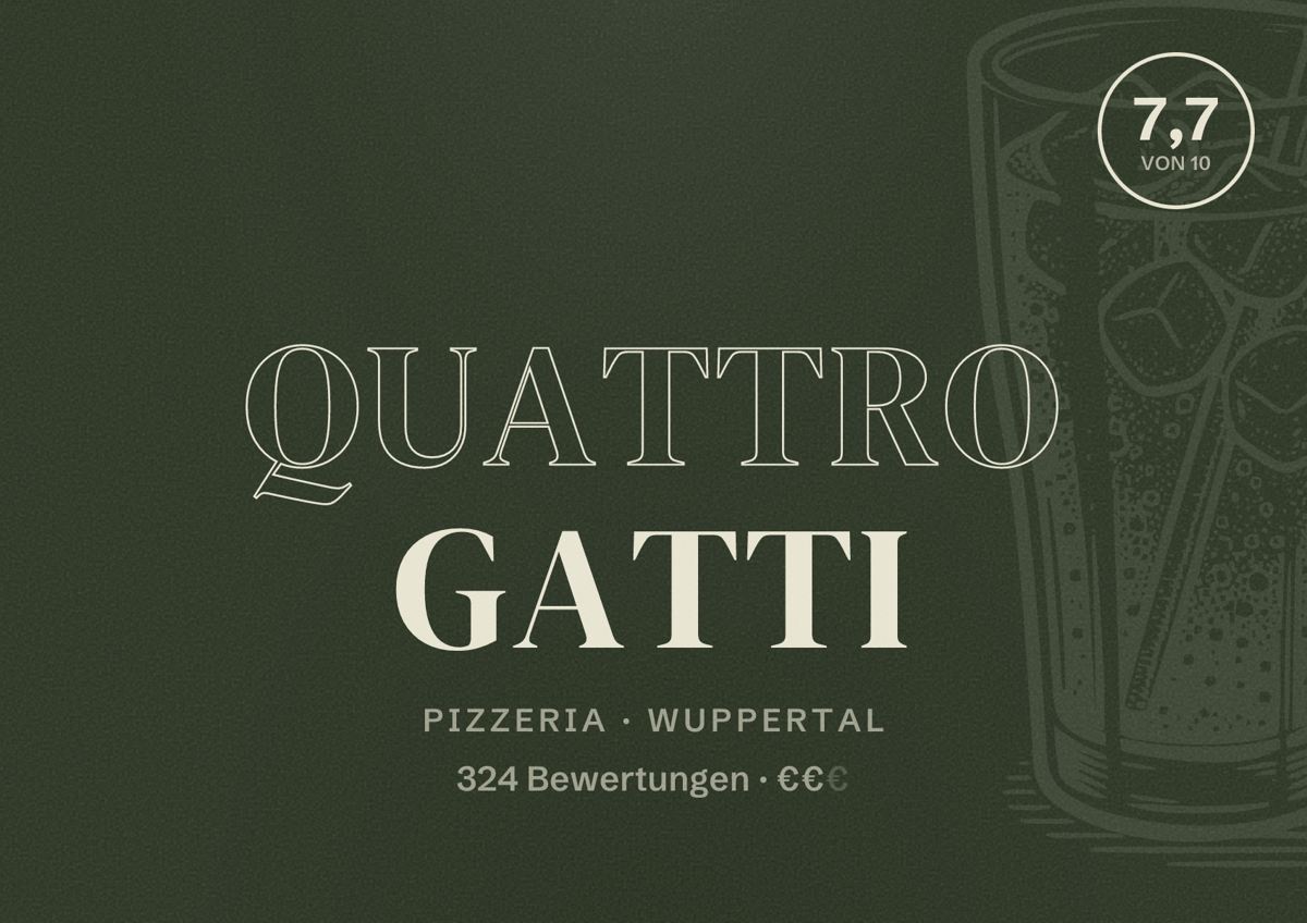Illustriertes Poster von Quattro Gatti, Pizzeria in Wuppertal: Bewertung 7,7 von 10 aus 324 Bewertungen, Preisniveau €€