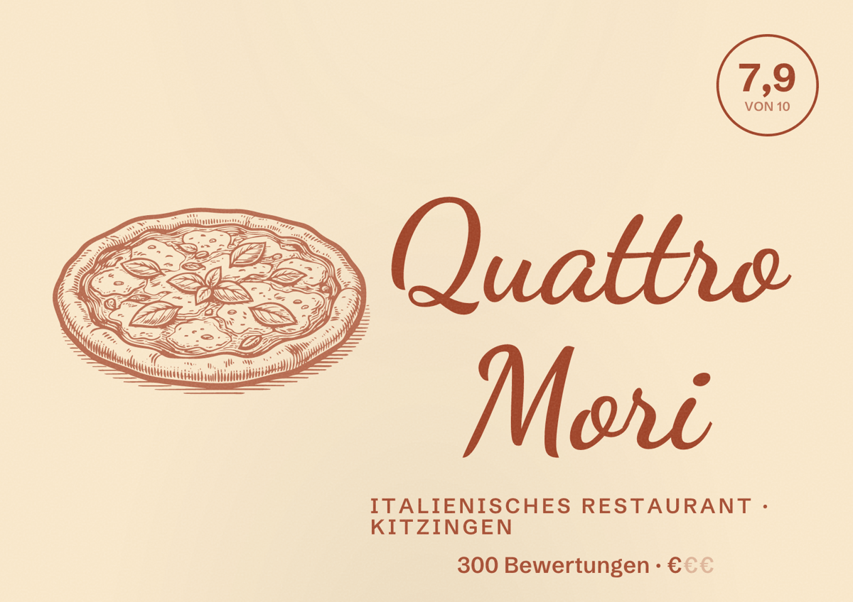Illustriertes Poster von Quattro Mori, Italienisches Restaurant in Kitzingen: Bewertung 7,9 von 10 aus 300 Bewertungen, Preisniveau €