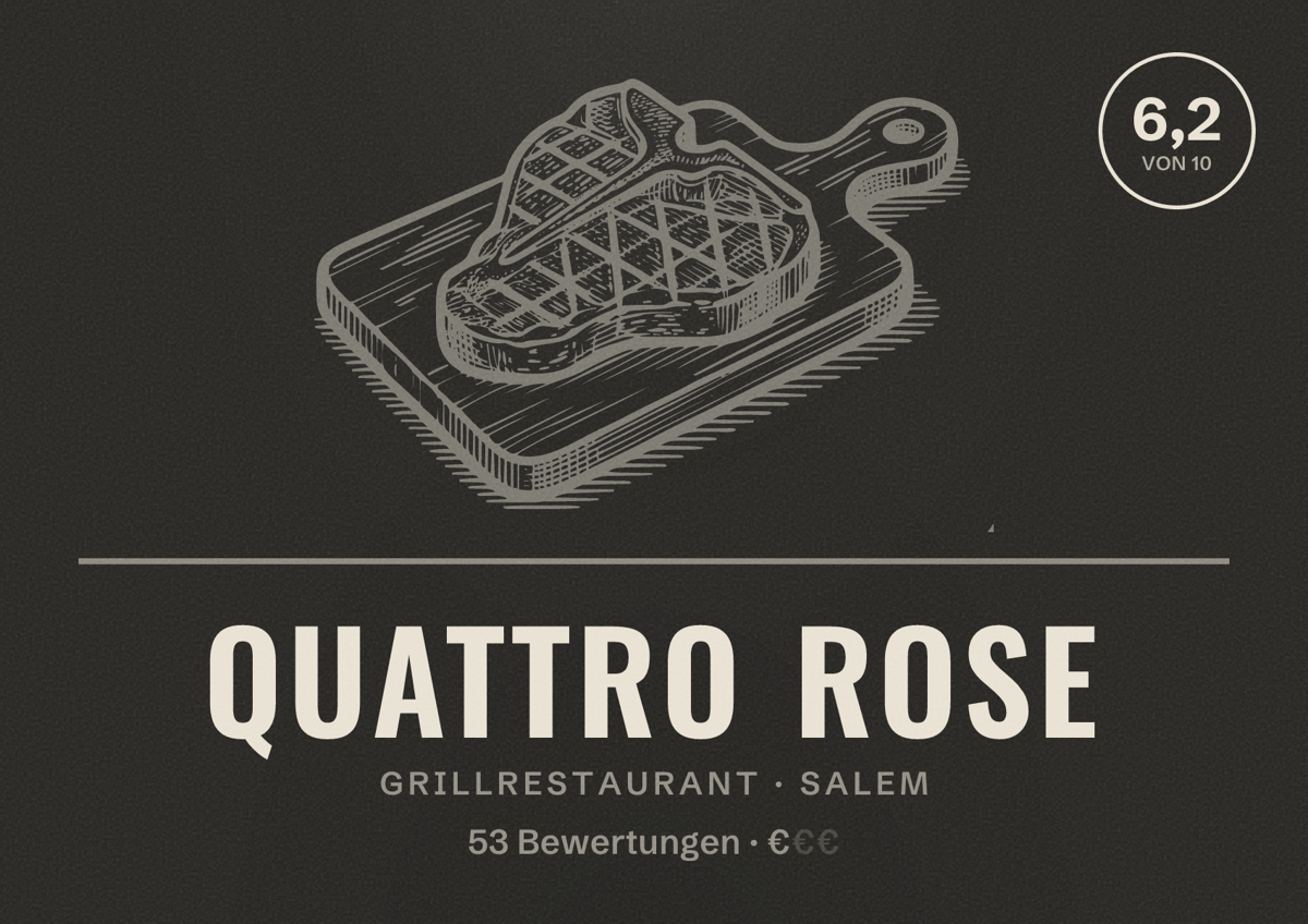 Illustriertes Poster von Quattro Rose, Grillrestaurant in Salem: Bewertung 6,2 von 10 aus 53 Bewertungen, Preisniveau €