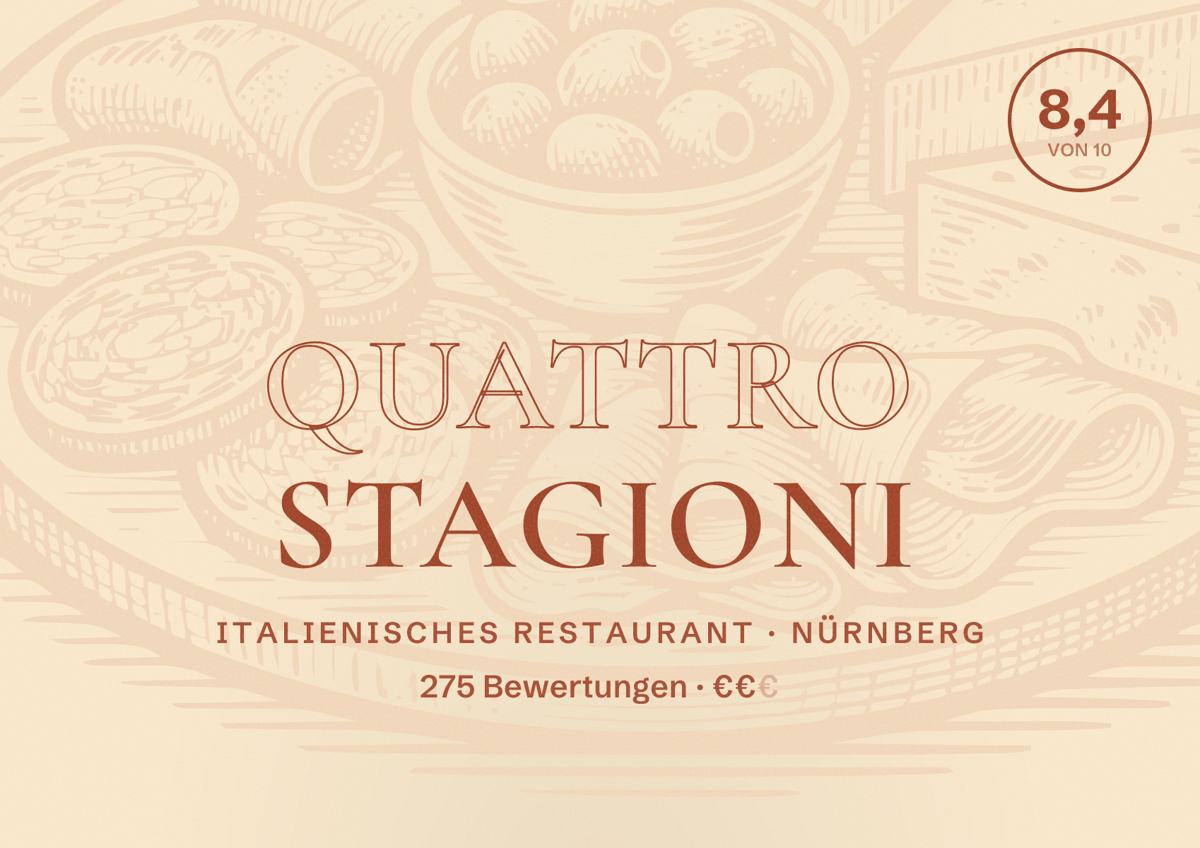 Illustriertes Poster von Quattro Stagioni, Italienisches Restaurant in Nürnberg: Bewertung 8,4 von 10 aus 275 Bewertungen, Preisniveau €€
