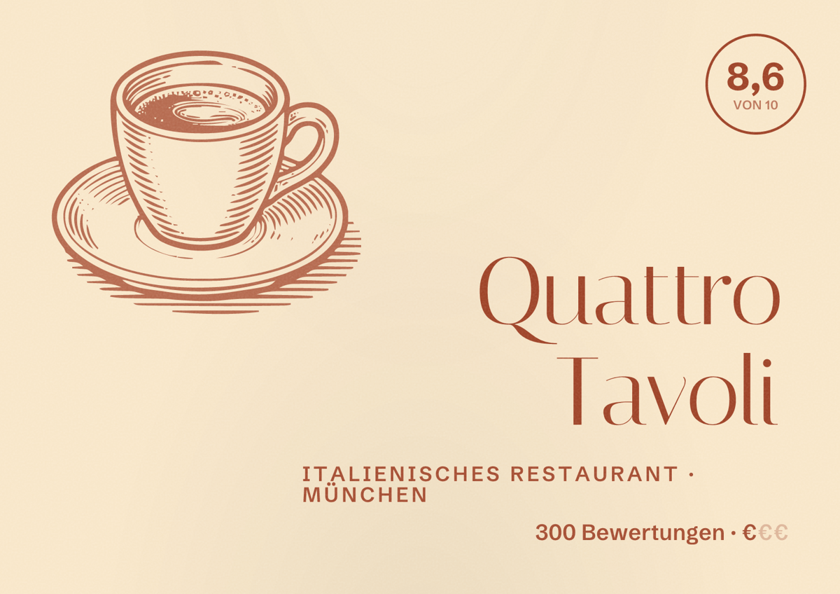 Illustriertes Poster von Quattro Tavoli, Italienisches Restaurant in München: Bewertung 8,6 von 10 aus 300 Bewertungen, Preisniveau €