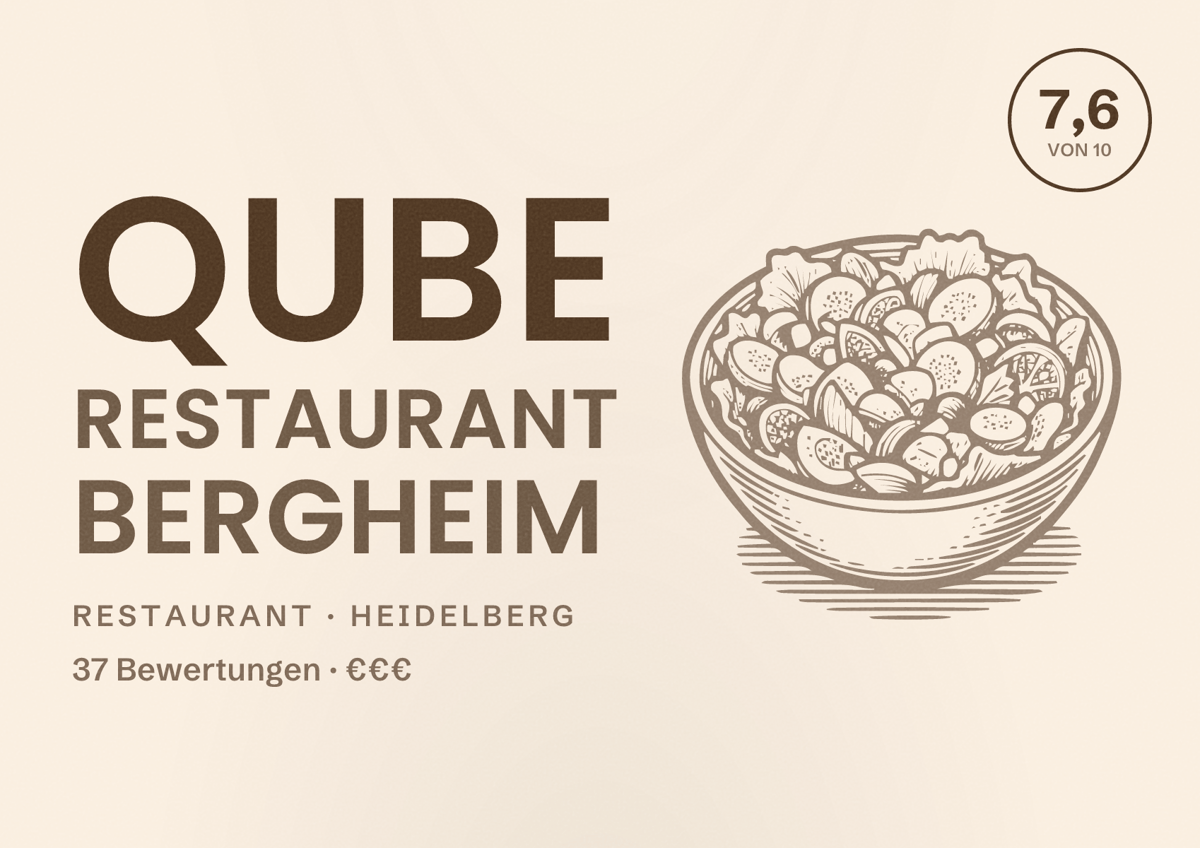 Illustriertes Poster von Qube Restaurant Bergheim, Restaurant in Heidelberg: Bewertung 7,6 von 10 aus 37 Bewertungen, Preisniveau €€€