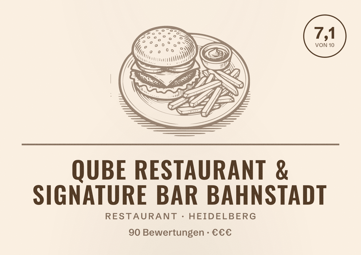 Illustriertes Poster von Qube Restaurant & Signature Bar Bahnstadt, Restaurant in Heidelberg: Bewertung 7,1 von 10 aus 90 Bewertungen, Preisniveau €€€