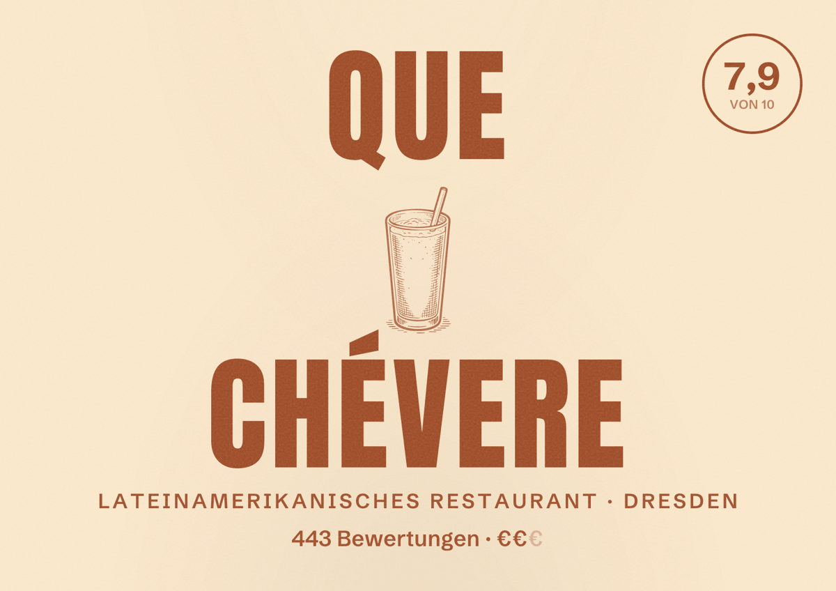 Illustriertes Poster von Que Chévere, Lateinamerikanisches Restaurant in Dresden: Bewertung 7,9 von 10 aus 443 Bewertungen, Preisniveau €€