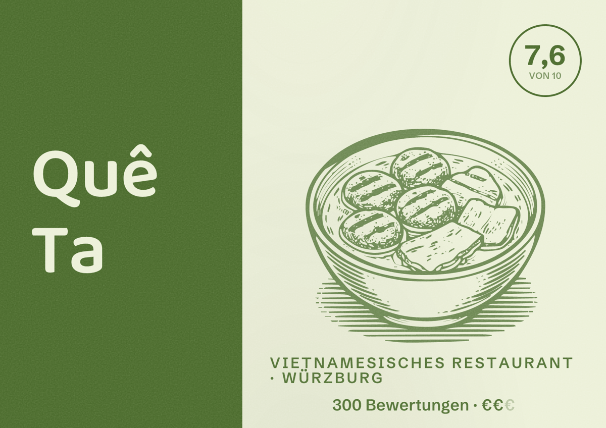 Illustriertes Poster von Quê Ta, Vietnamesisches Restaurant in Würzburg: Bewertung 7,6 von 10 aus 300 Bewertungen, Preisniveau €€