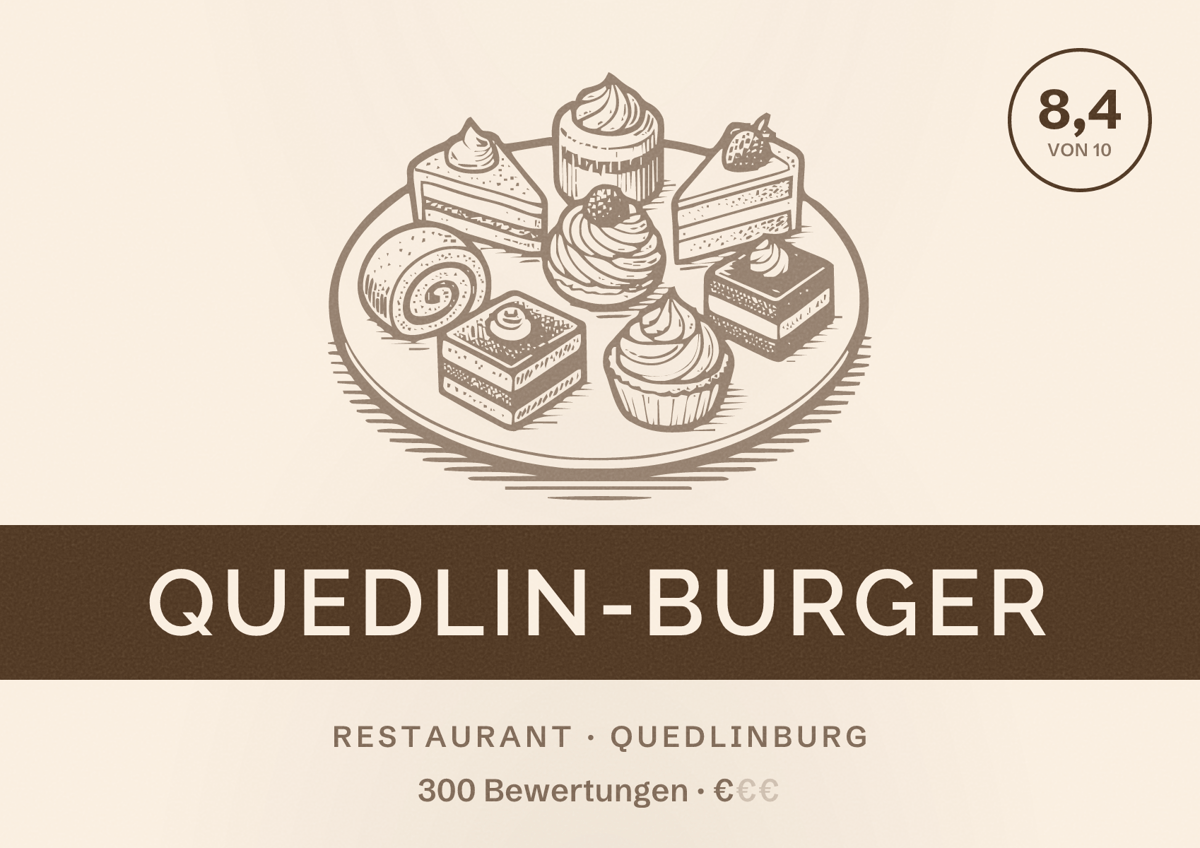Illustriertes Poster von Quedlin-BURGER, Restaurant in Quedlinburg: Bewertung 8,4 von 10 aus 300 Bewertungen, Preisniveau €