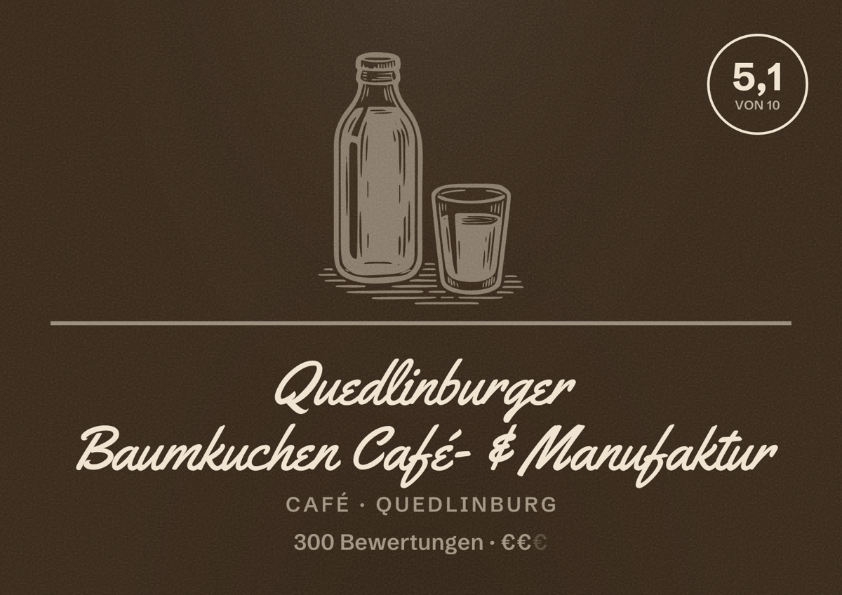 Illustriertes Poster von Quedlinburger Baumkuchen Café- & Manufaktur, Café in Quedlinburg: Bewertung 5,1 von 10 aus 300 Bewertungen, Preisniveau €€