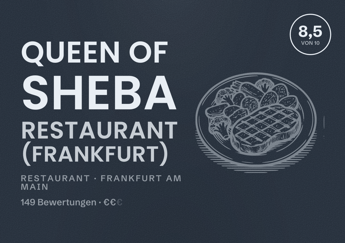 Illustriertes Poster von Queen of Sheba Restaurant (Frankfurt), Restaurant in Frankfurt am Main: Bewertung 8,5 von 10 aus 149 Bewertungen, Preisniveau €€