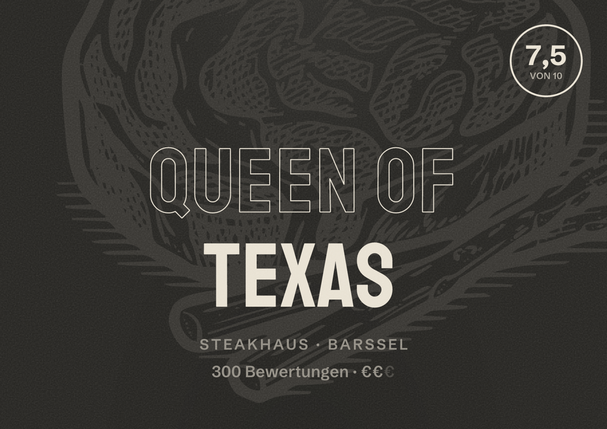 Illustriertes Poster von Queen of Texas, Steakhaus in Barßel: Bewertung 7,5 von 10 aus 300 Bewertungen, Preisniveau €€