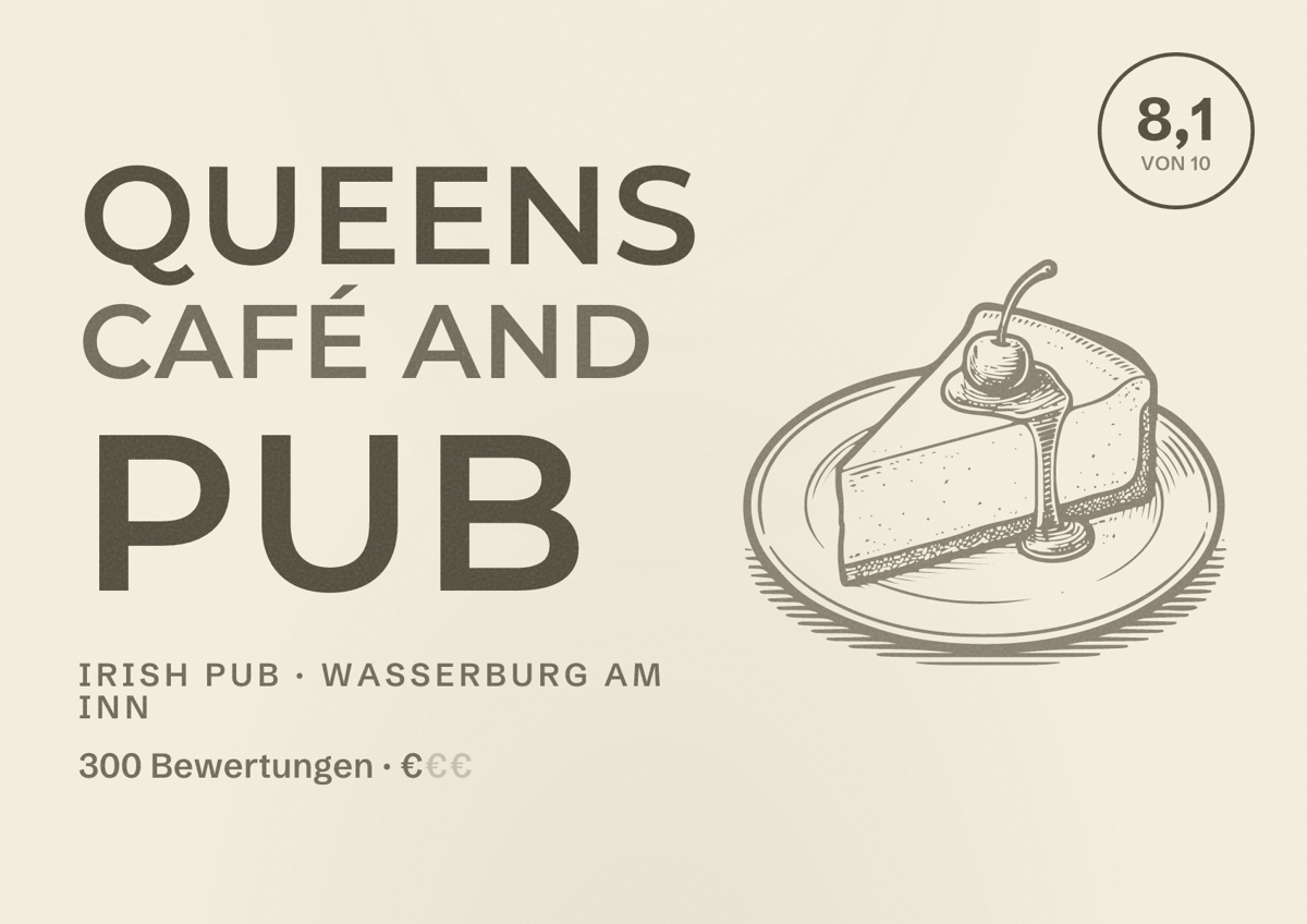 Illustriertes Poster von Queens Café and Pub, Irish Pub in Wasserburg am Inn: Bewertung 8,1 von 10 aus 300 Bewertungen, Preisniveau €