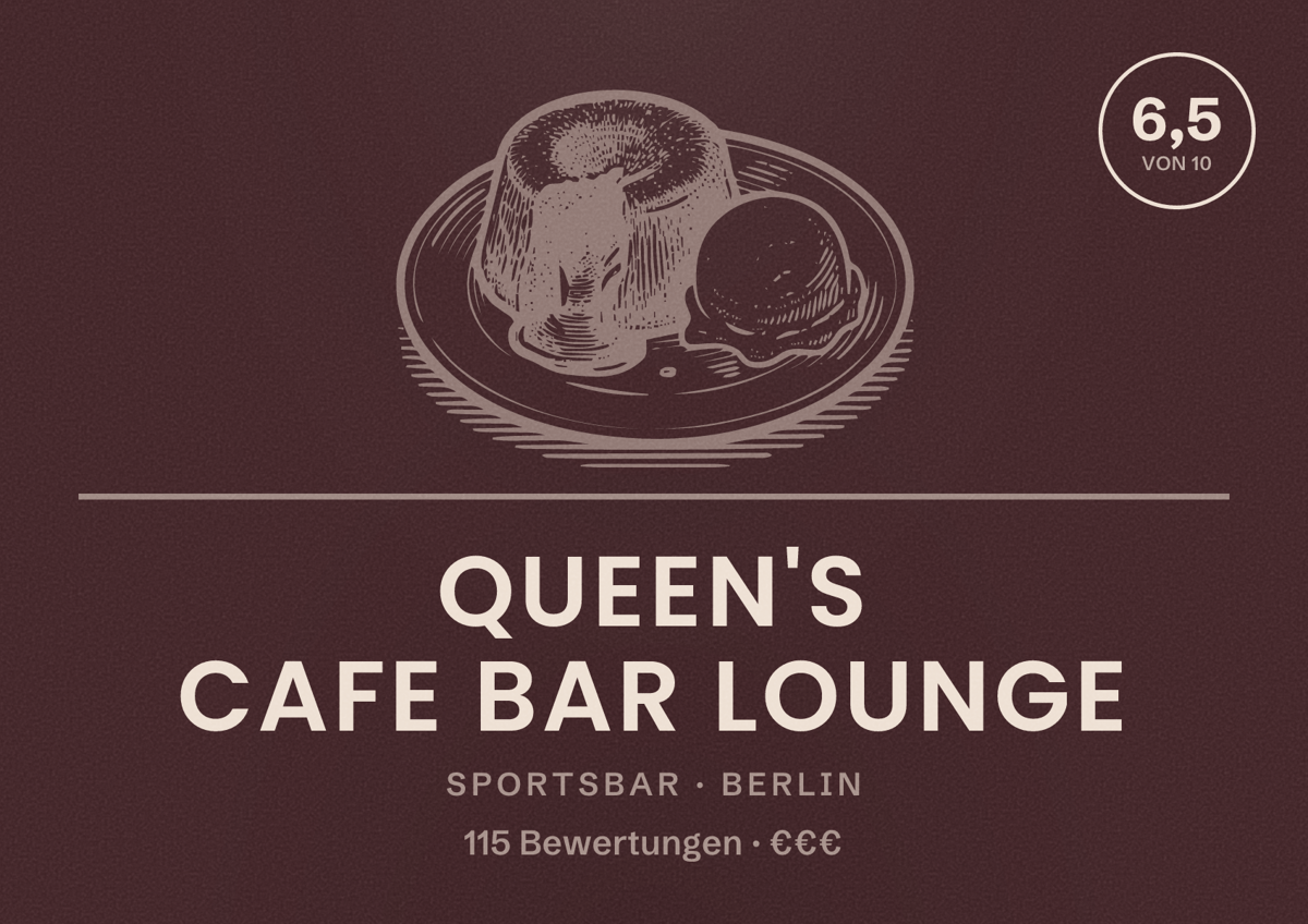 Illustriertes Poster von Queen's Cafe Bar Lounge, Sportsbar in Berlin: Bewertung 6,5 von 10 aus 115 Bewertungen, Preisniveau €€€