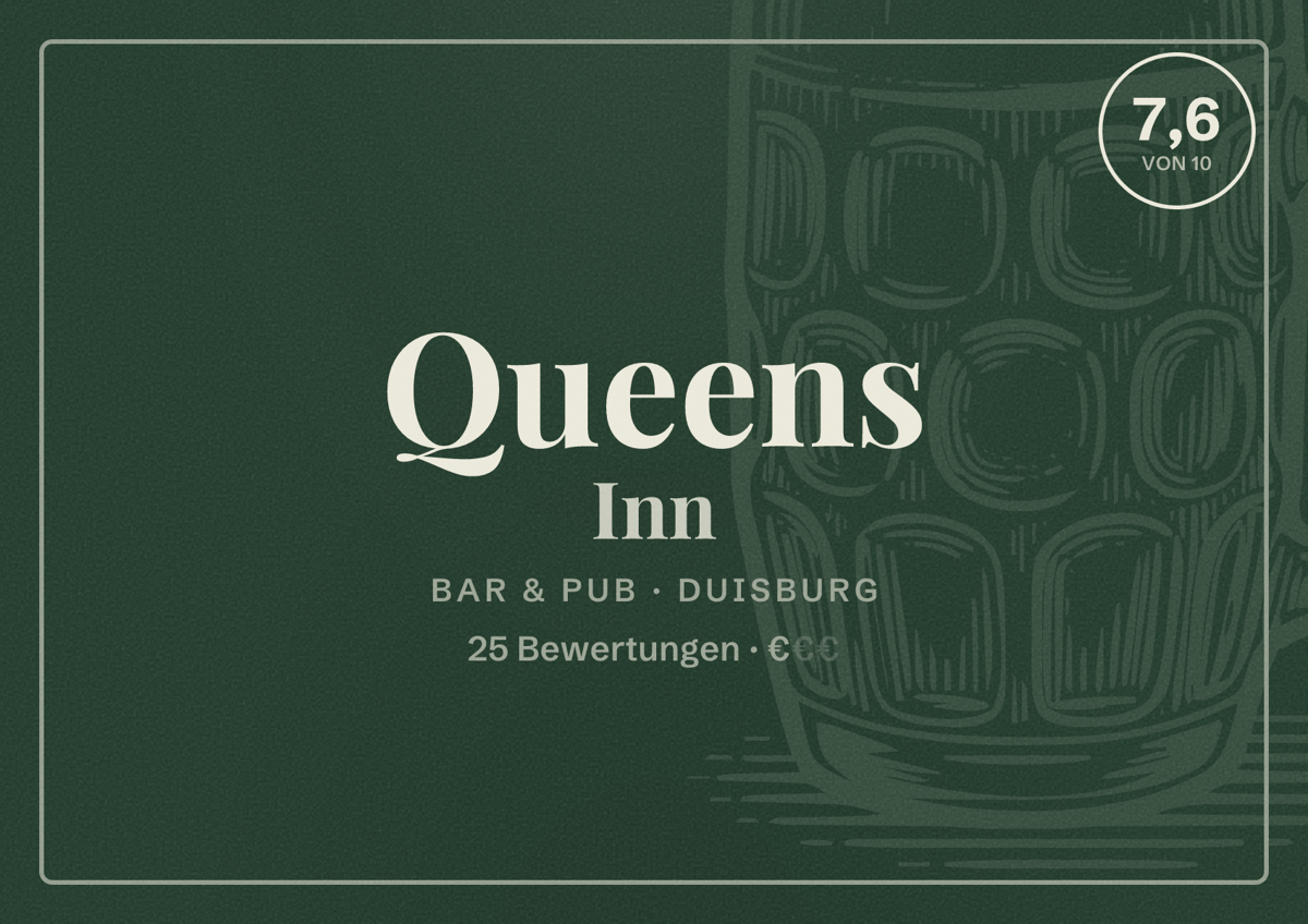 Illustriertes Poster von Queens Inn, Bar & Pub in Duisburg: Bewertung 7,6 von 10 aus 25 Bewertungen, Preisniveau €