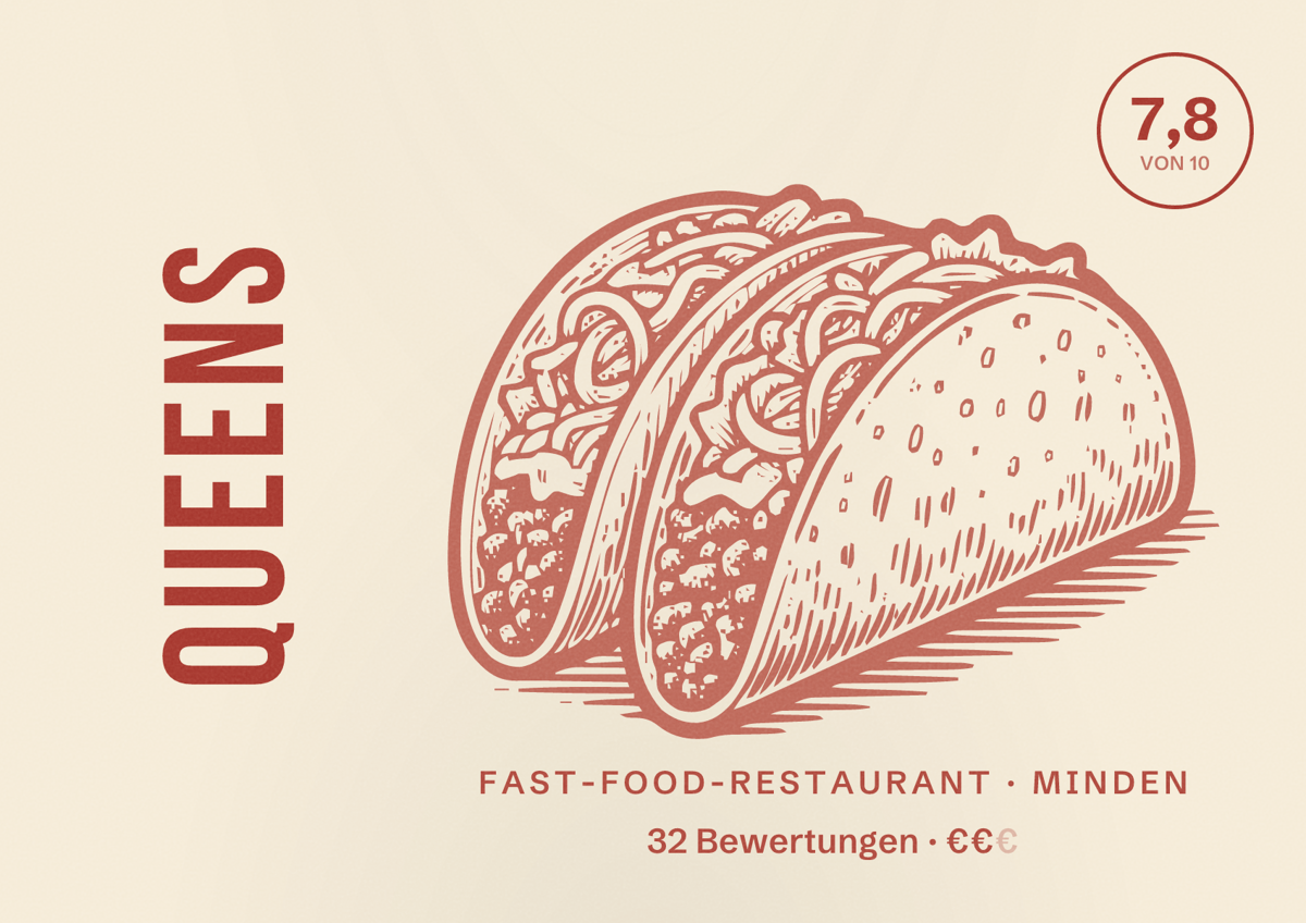 Illustriertes Poster von queens, Fast-Food-Restaurant in Minden: Bewertung 7,8 von 10 aus 32 Bewertungen, Preisniveau €€