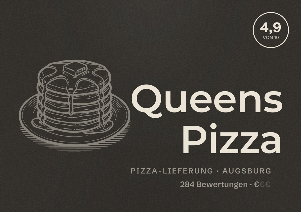 Illustriertes Poster von Queens Pizza, Pizza-Lieferung in Augsburg: Bewertung 4,9 von 10 aus 284 Bewertungen, Preisniveau €
