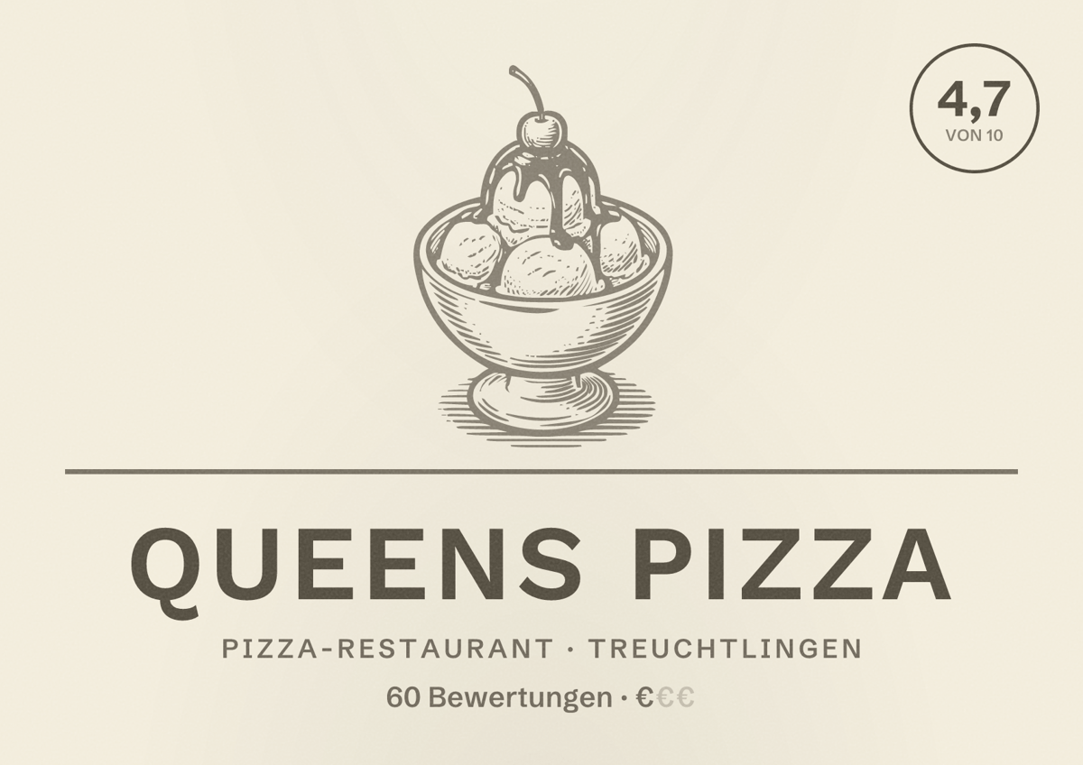 Illustriertes Poster von Queens Pizza, Pizza-Restaurant in Treuchtlingen: Bewertung 4,7 von 10 aus 60 Bewertungen, Preisniveau €