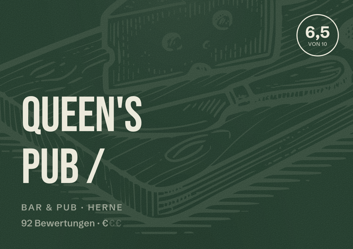 Illustriertes Poster von Queen's Pub /, Bar & Pub in Herne: Bewertung 6,5 von 10 aus 92 Bewertungen, Preisniveau €