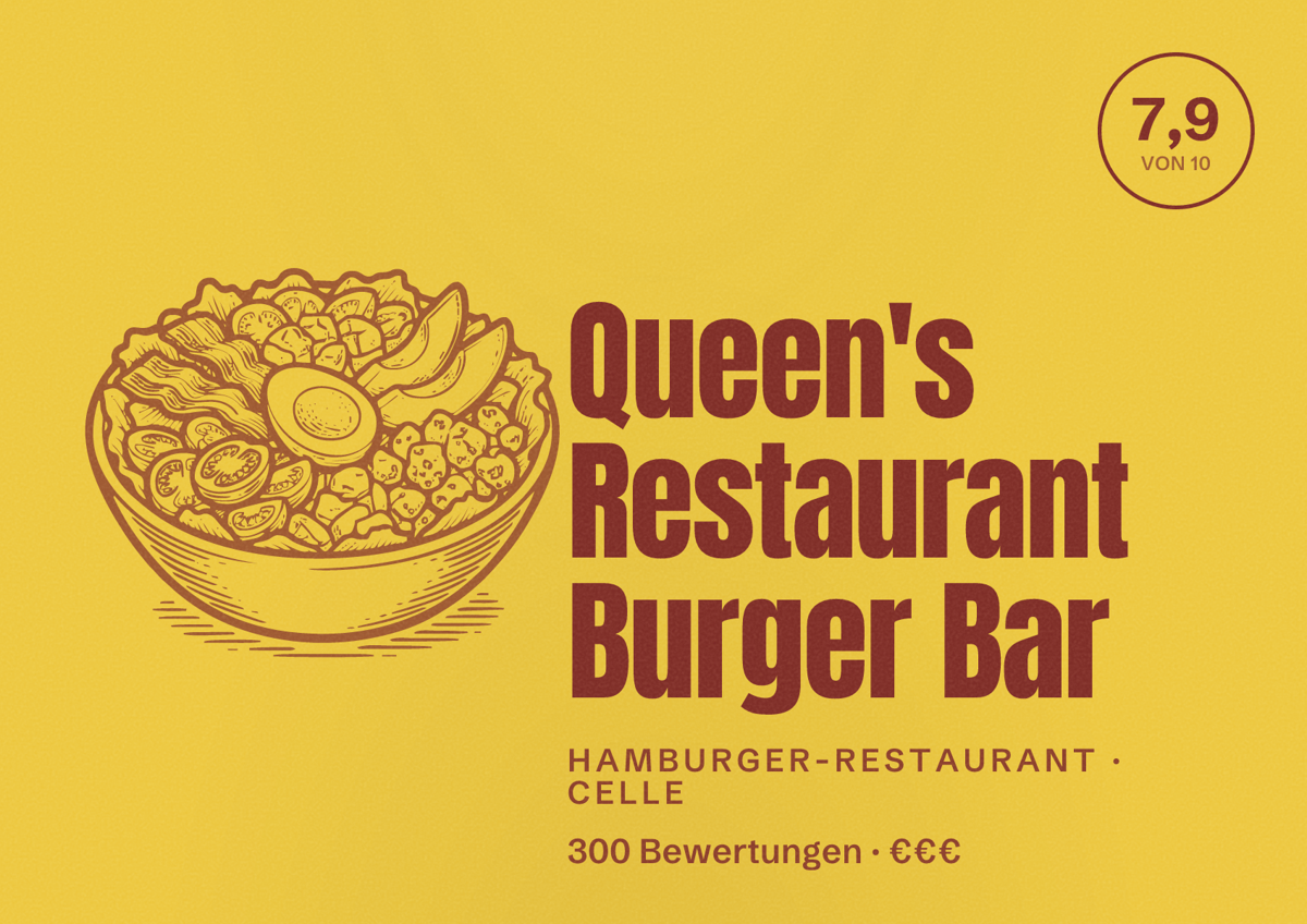 Illustriertes Poster von Queen's Restaurant Burger Bar, Hamburger-Restaurant in Celle: Bewertung 7,9 von 10 aus 300 Bewertungen, Preisniveau €€€