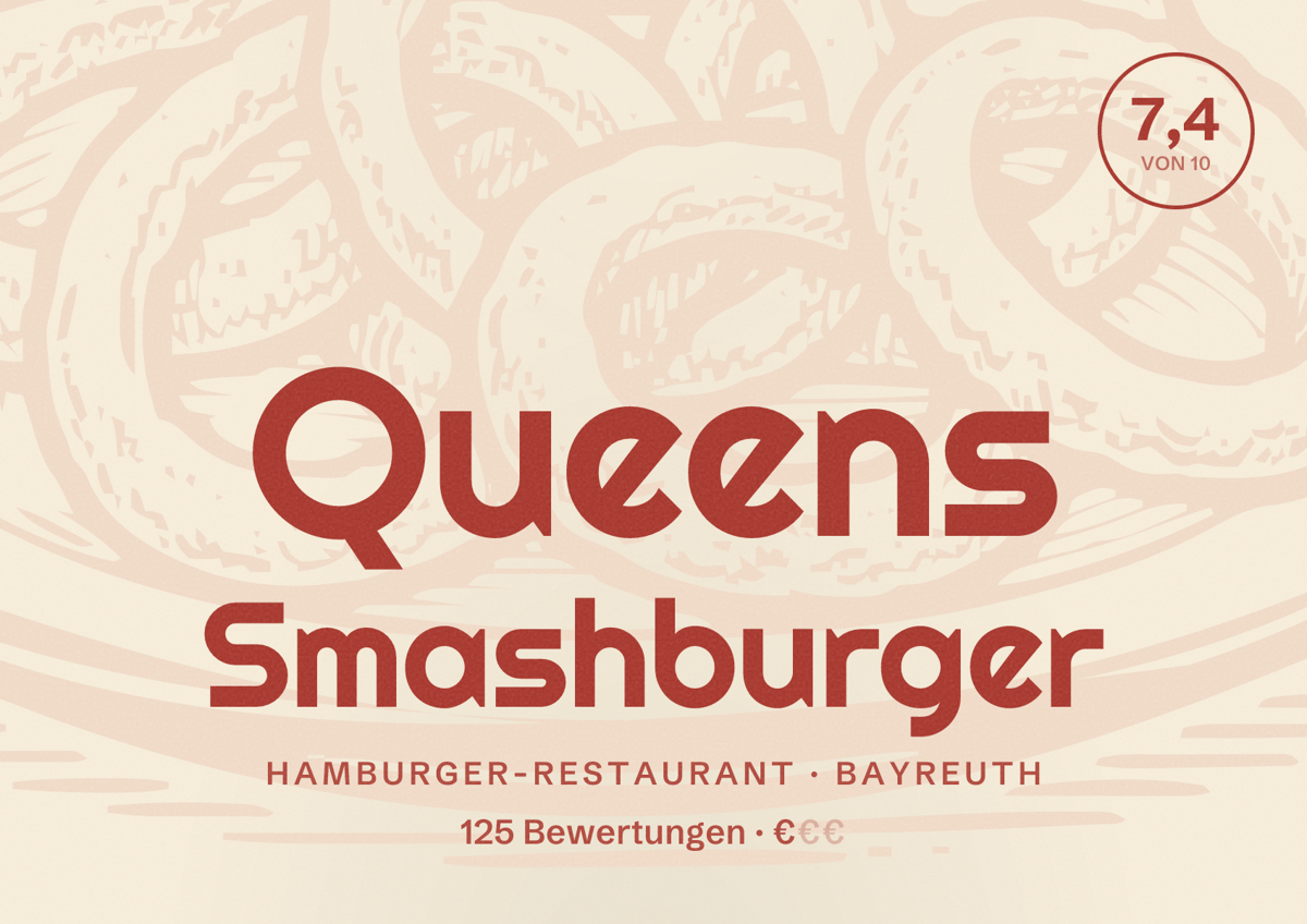 Illustriertes Poster von Queens Smashburger, Hamburger-Restaurant in Bayreuth: Bewertung 7,4 von 10 aus 125 Bewertungen, Preisniveau €