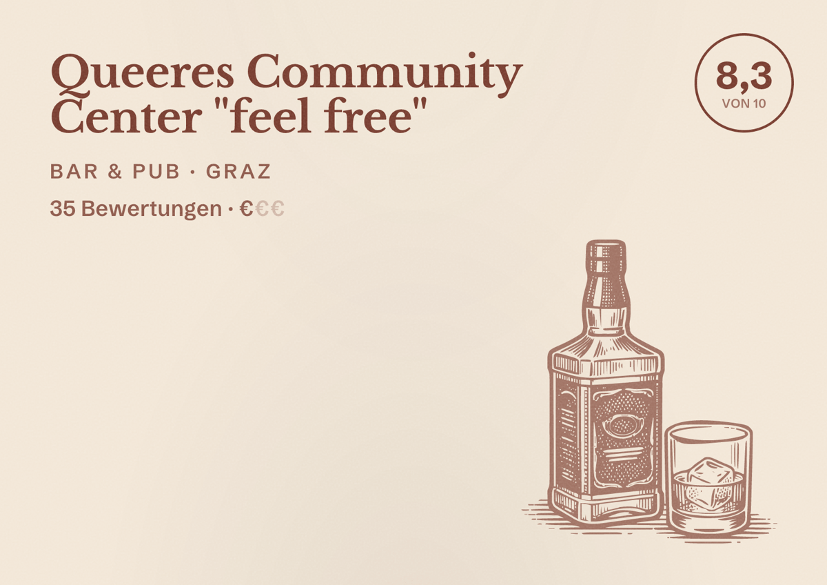 Illustriertes Poster von Queeres Community Center "feel free", Bar & Pub in Graz: Bewertung 8,3 von 10 aus 35 Bewertungen, Preisniveau €
