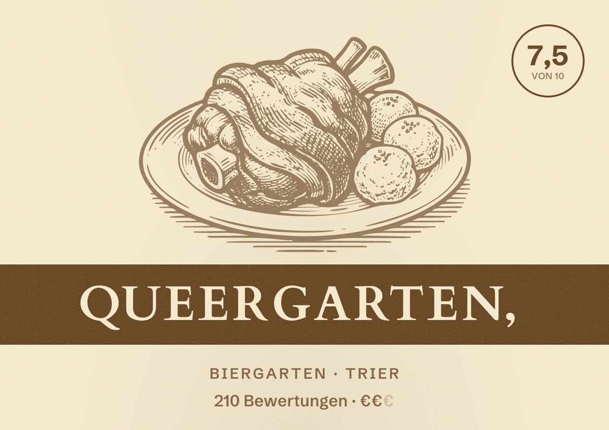 Illustriertes Poster von Queergarten,, Biergarten in Trier: Bewertung 7,5 von 10 aus 210 Bewertungen, Preisniveau €€