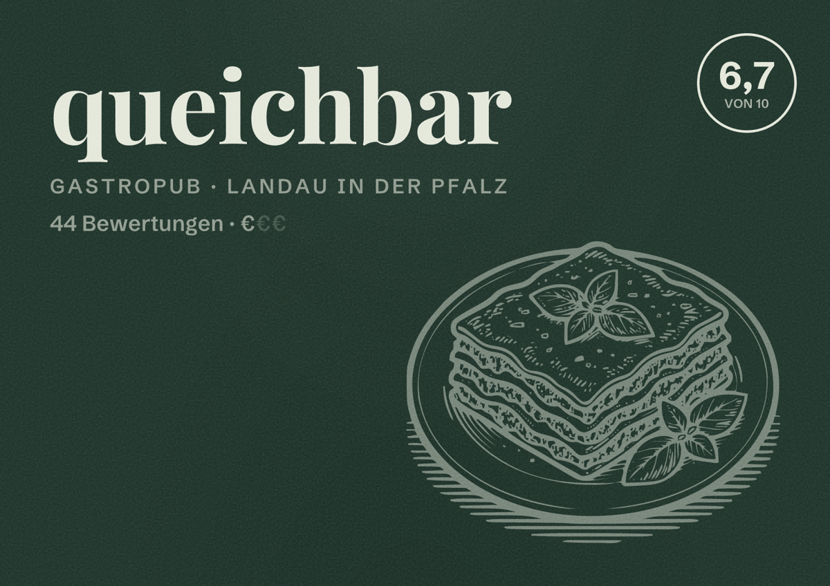 Illustriertes Poster von queichbar, Gastropub in Landau in der Pfalz: Bewertung 6,7 von 10 aus 44 Bewertungen, Preisniveau €