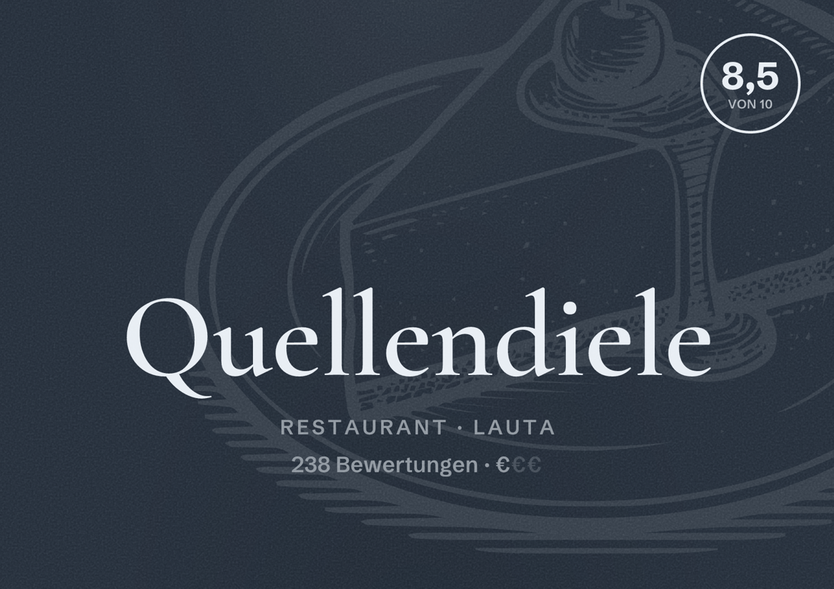 Illustriertes Poster von Quellendiele, Restaurant in Lauta: Bewertung 8,5 von 10 aus 238 Bewertungen, Preisniveau €