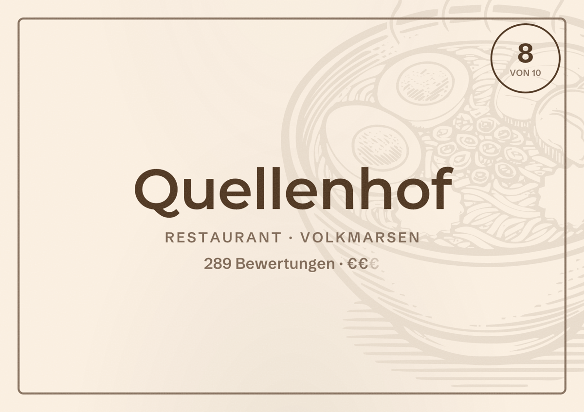 Illustriertes Poster von Quellenhof, Restaurant in Volkmarsen: Bewertung 8 von 10 aus 289 Bewertungen, Preisniveau €€