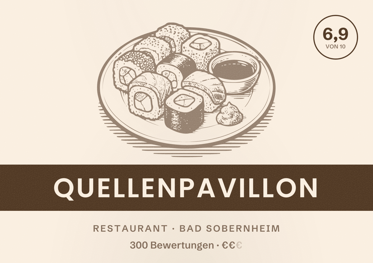 Illustriertes Poster von Quellenpavillon, Restaurant in Bad Sobernheim: Bewertung 6,9 von 10 aus 300 Bewertungen, Preisniveau €€