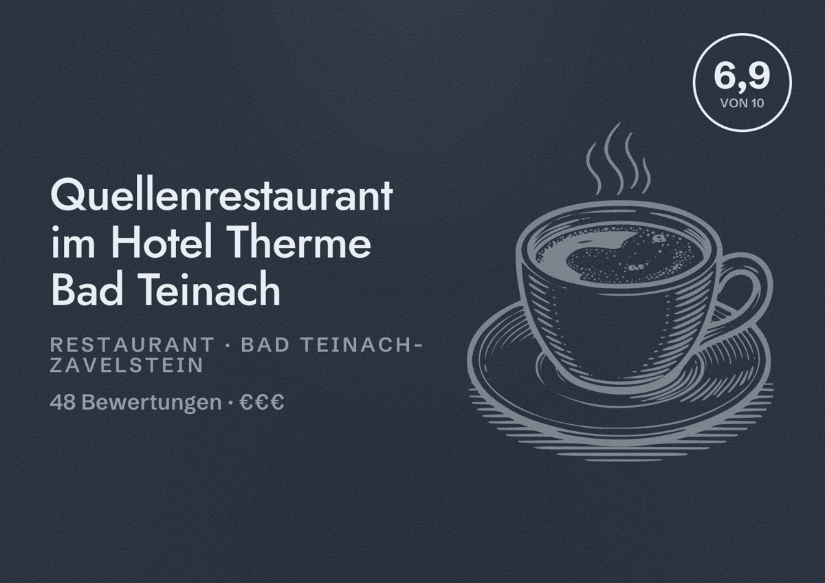 Illustriertes Poster von Quellenrestaurant im Hotel Therme Bad Teinach, Restaurant in Bad Teinach-Zavelstein: Bewertung 6,9 von 10 aus 48 Bewertungen, Preisniveau €€€