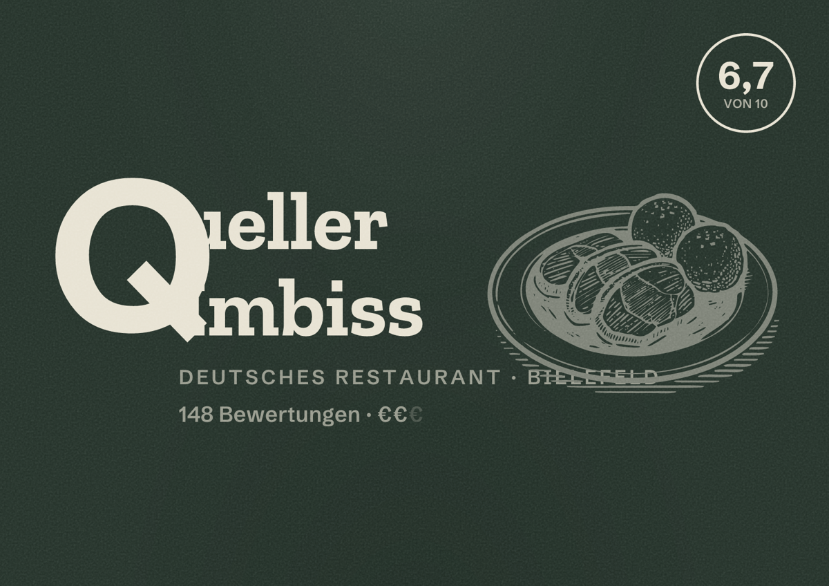 Illustriertes Poster von Queller Imbiss, Deutsches Restaurant in Bielefeld: Bewertung 6,7 von 10 aus 148 Bewertungen, Preisniveau €€