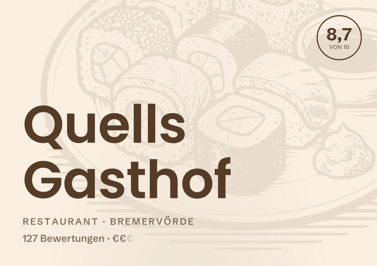 Illustriertes Poster von Quells Gasthof, Restaurant in Bremervörde: Bewertung 8,7 von 10 aus 127 Bewertungen, Preisniveau €€