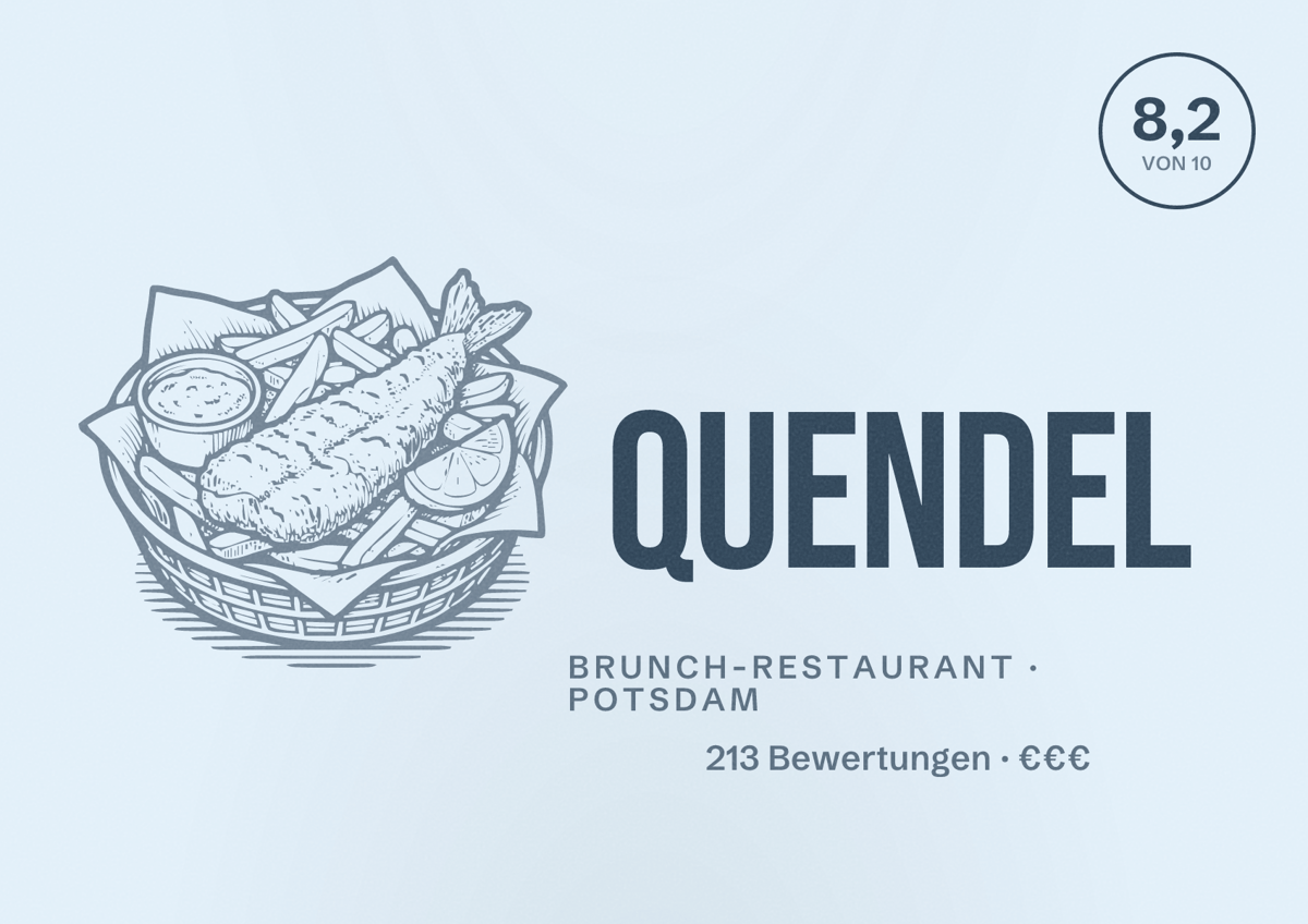 Illustriertes Poster von Quendel, Brunch-Restaurant in Potsdam: Bewertung 8,2 von 10 aus 213 Bewertungen, Preisniveau €€€