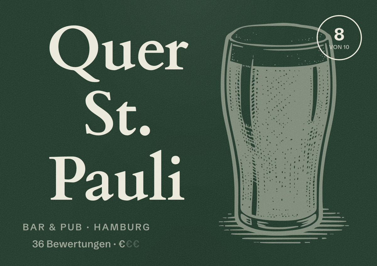 Illustriertes Poster von Quer St. Pauli, Bar & Pub in Hamburg: Bewertung 8 von 10 aus 36 Bewertungen, Preisniveau €