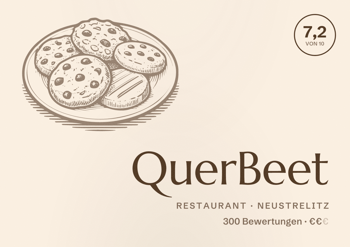 Illustriertes Poster von QuerBeet, Restaurant in Neustrelitz: Bewertung 7,2 von 10 aus 300 Bewertungen, Preisniveau €€