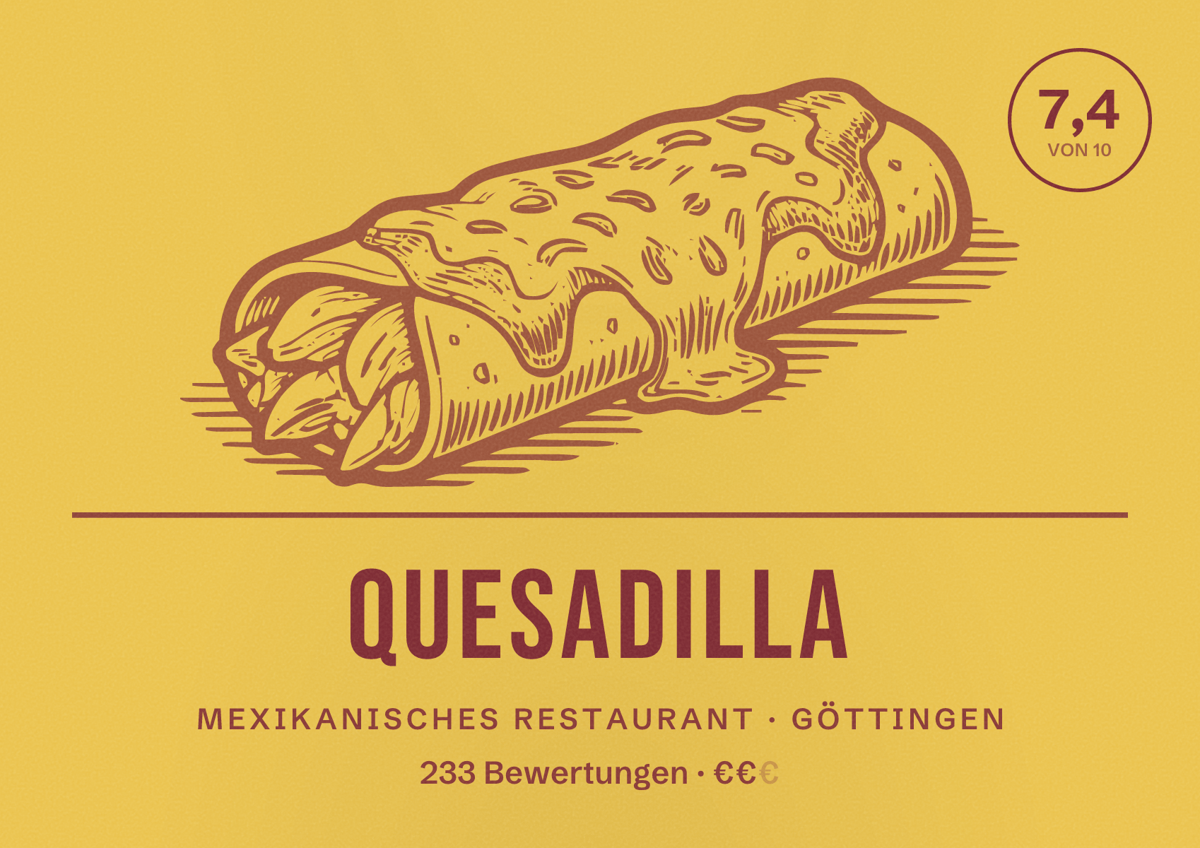 Illustriertes Poster von Quesadilla, Mexikanisches Restaurant in Göttingen: Bewertung 7,4 von 10 aus 233 Bewertungen, Preisniveau €€
