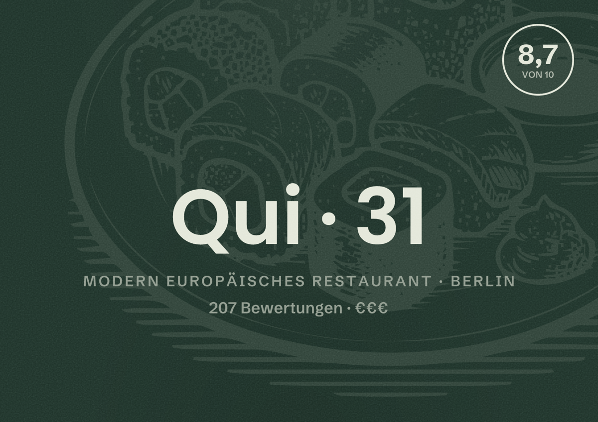 Illustriertes Poster von Qui 31, Modern europäisches Restaurant in Berlin: Bewertung 8,7 von 10 aus 207 Bewertungen, Preisniveau €€€