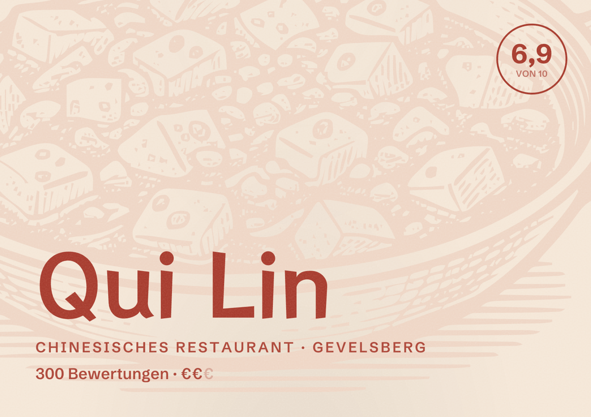 Illustriertes Poster von Qui Lin, Chinesisches Restaurant in Gevelsberg: Bewertung 6,9 von 10 aus 300 Bewertungen, Preisniveau €€